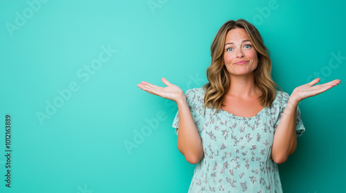 A portrait of an attractive woman in her late thirties with shoulder-length hair standing against a teal background. She is shrugging and holding out both hands