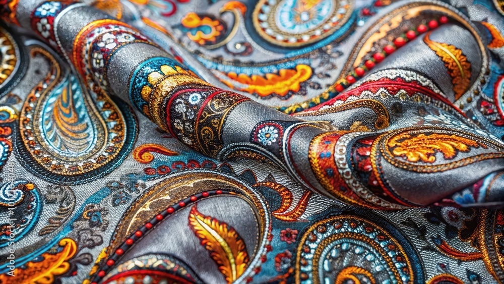 Elegant gray paisley fabric texture perfect for backgrounds, upholstery, and fashion design projects Elegant gray paisley fabric texture perfect for backgrounds, upholstery, and fashion design projects