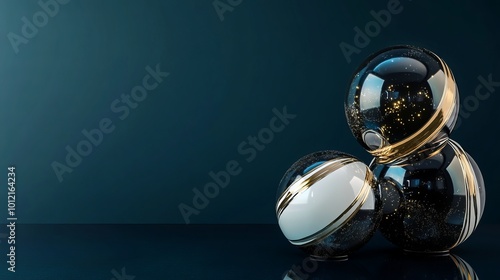 3D rendering of glossy black and gold spheres, and glass spheres with white and gold swirls in an elegant vase, set against a dark blue background with reflective lighting and luxurious finish. photo