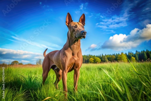 Elegant Gray Thai Ridgeback Dog Standing Proudly on a Green Grass Field Under a Clear Blue Sky