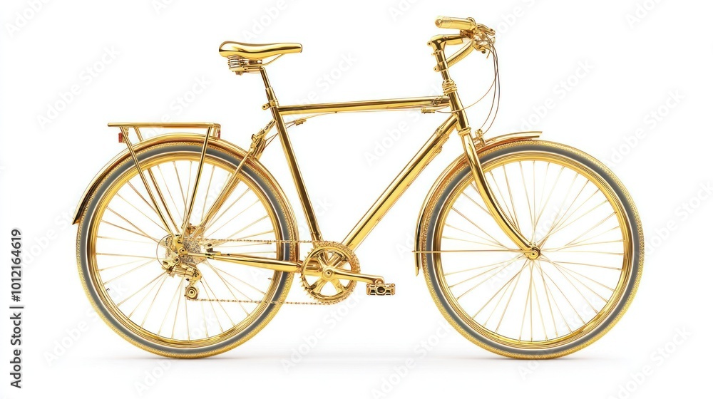 A shiny gold bicycle displayed against a white background, emphasizing its design and luxury. A shiny gold bicycle displayed against a white background, emphasizing its design and luxury.