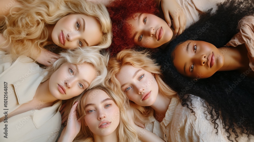 Fototapeta premium Diverse beauty of women with various hair textures and colors lying together