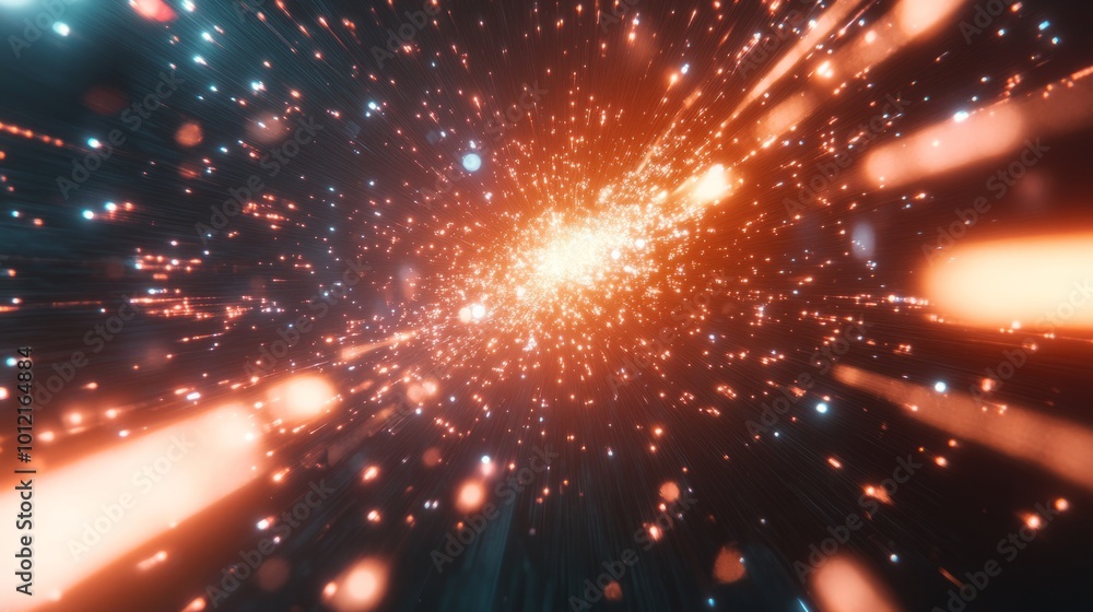 Fototapeta premium A futuristic design illustrating rapid data movement with glowing rays and dynamic explosions, capturing the essence of space travel