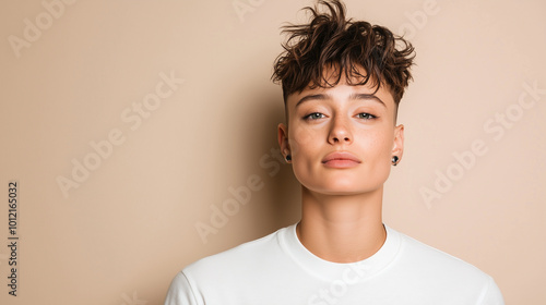 young non binary person with short hair wearing a white t-shirt against an isolated beige background. 