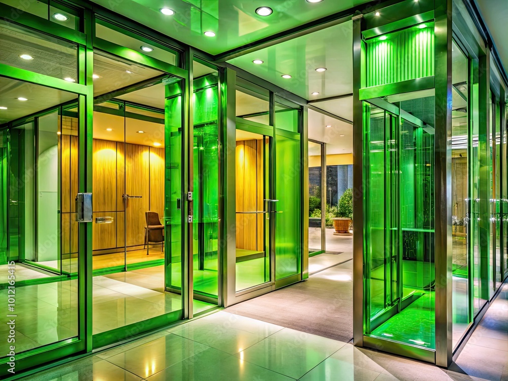 Elegant Green Glass Doors with Modern Design in a Contemporary Architectural Space and Natural Light Elegant Green Glass Doors with Modern Design in a Contemporary Architectural Space and Natural Light