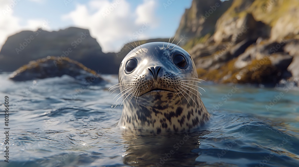 Obraz premium A grey seal watches the waves with sparkling eyes on the Scottish coast
