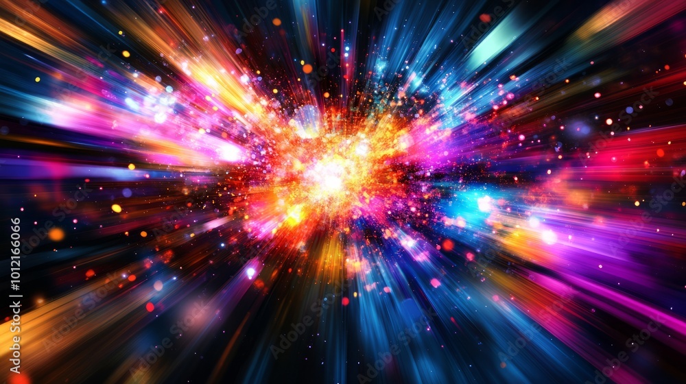 Fototapeta premium A futuristic design illustrating rapid data movement with glowing rays and dynamic explosions, capturing the essence of space travel