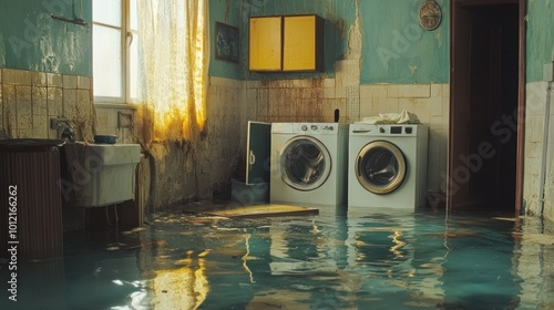 A flooded laundry room with washing machines and water covering the floor. photo