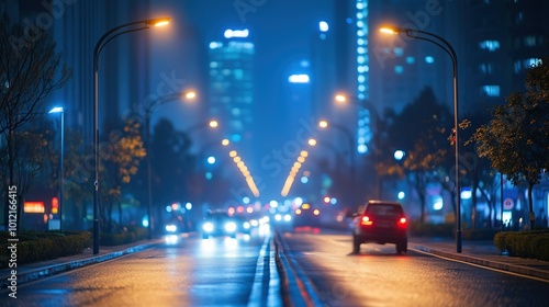 Portray a network of smart streetlights in a city that adjust brightness