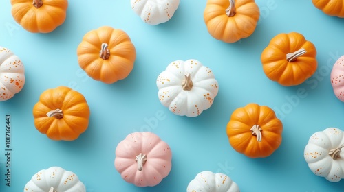 Small orange, white and pink pumpkins on pastel blue background