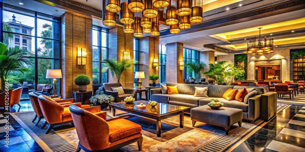 Fototapeta premium Elegant hotel lobby with modern decor, comfortable seating, and welcoming ambiance for guests