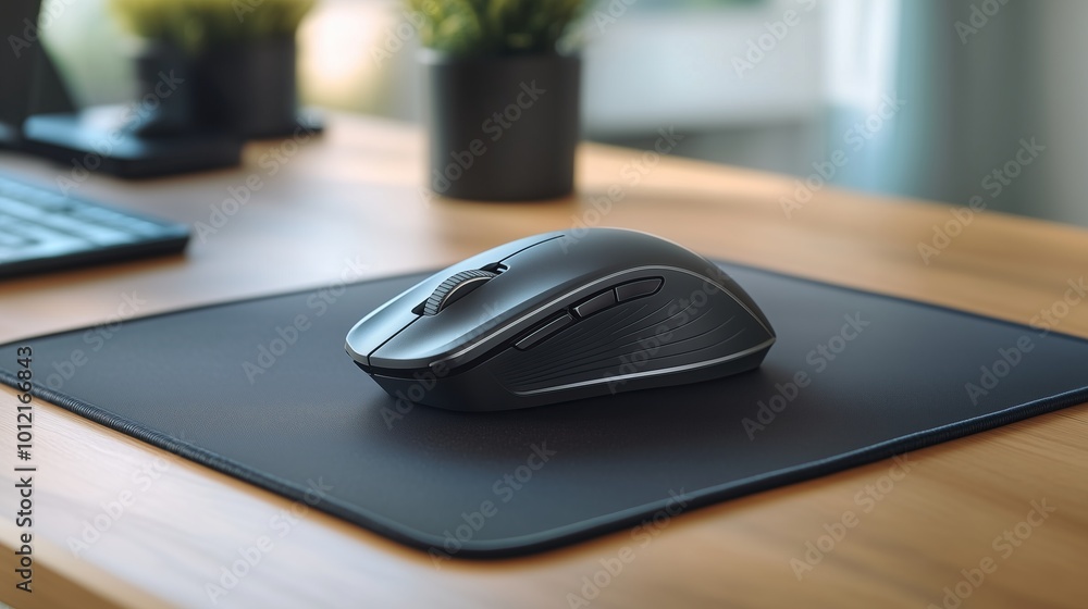 Wireless mouse with a scroll wheel on a mouse pad, ready for use Wireless mouse with a scroll wheel on a mouse pad, ready for use