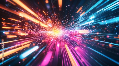 A futuristic design illustrating rapid data movement with glowing rays and dynamic explosions, capturing the essence of space travel