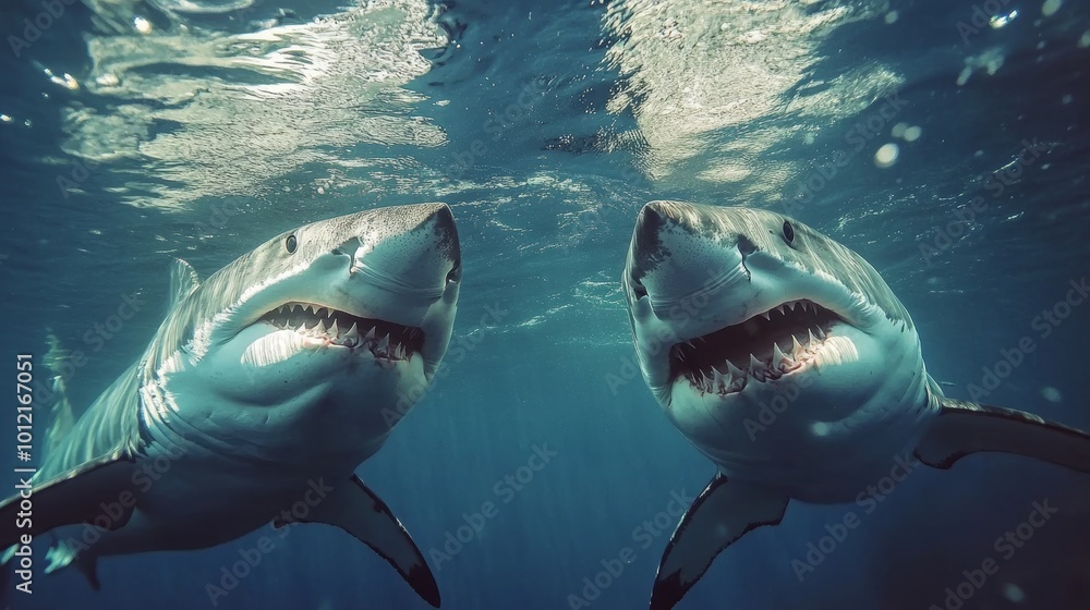 Obraz premium Underwater perspective stunning view of great white sharks swimming near the water s surface