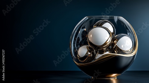 3D rendering of glossy black and gold spheres, and glass spheres with white and gold swirls in an elegant vase, set against a dark blue background with reflective lighting and luxurious finish. photo