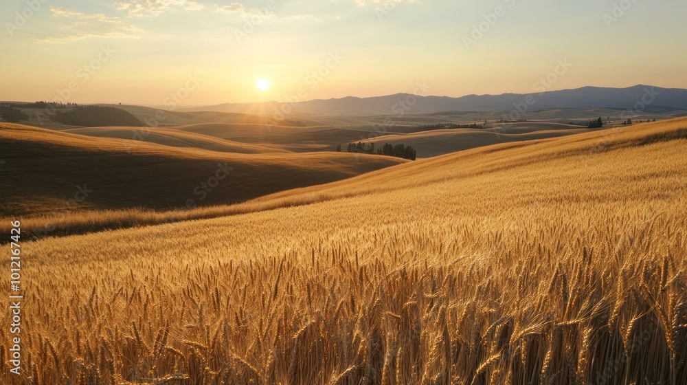 A serene sunset over golden wheat fields, capturing the beauty of nature's harvest. A serene sunset over golden wheat fields, capturing the beauty of nature's harvest.