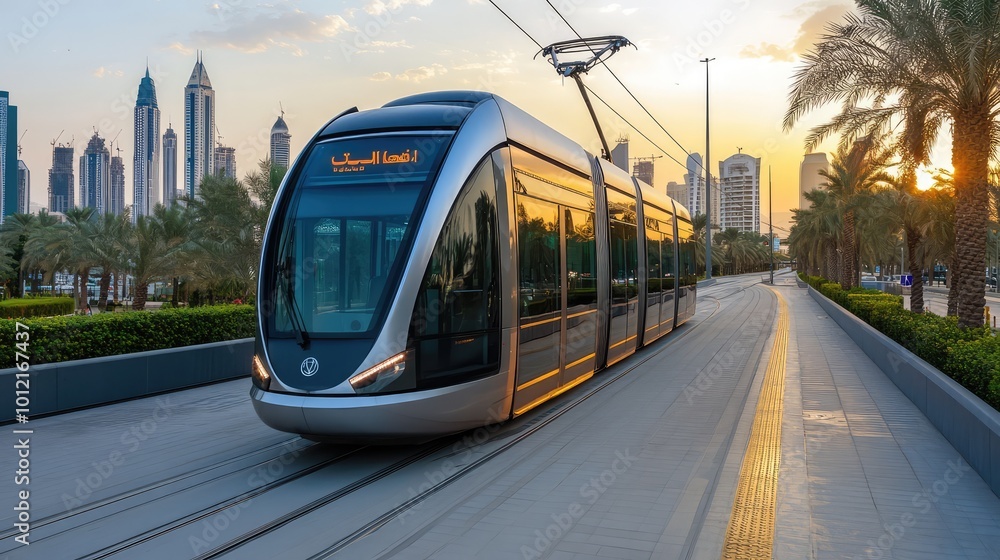 Obraz premium Modern Tram in Dubai - AI Generated