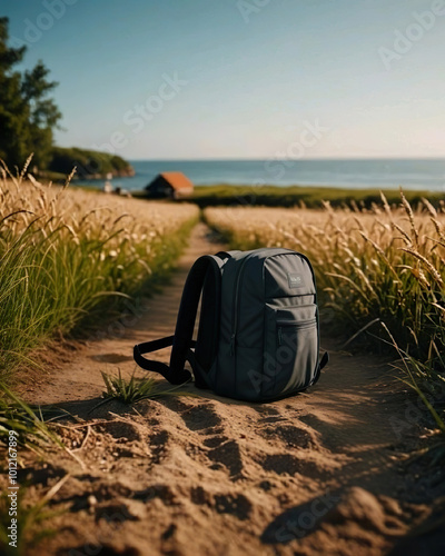 Mochila en mitad de un camino con una casita y el mar al fondo