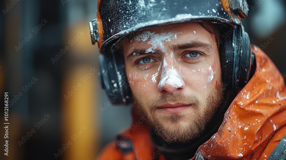 A close-up portrait of a construction worker covered in white paint, looking directly at the camera. A close-up portrait of a construction worker covered in white paint, looking directly at the camera.