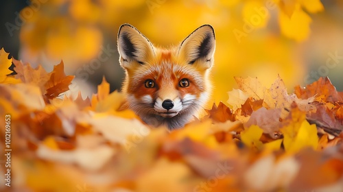 A red fox hides among crisp autumn leaves blending into the seasonal scene