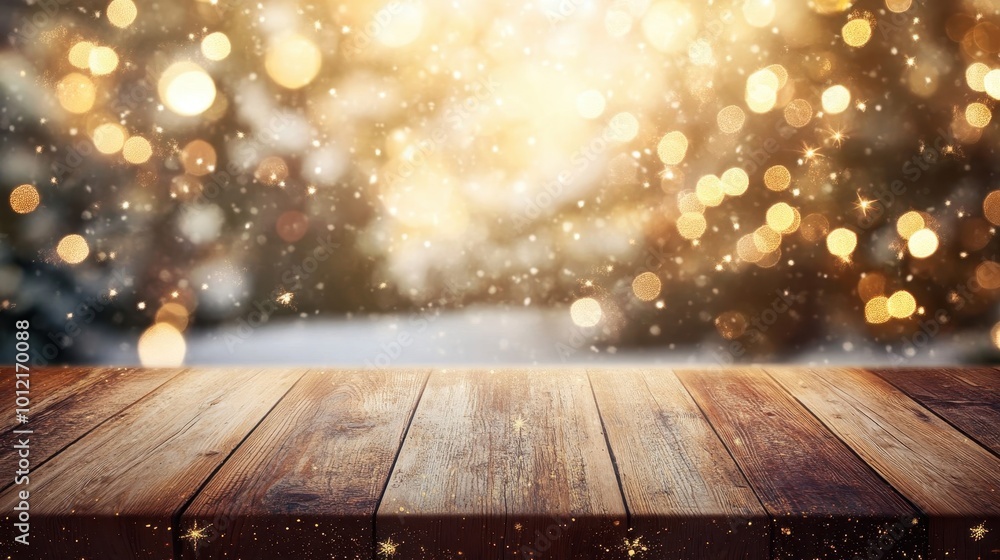 wooden table with blurred winter forest background and golden blurred bokeh and space for text. Banner to showcase a product or advertisement wooden table with blurred winter forest background and golden blurred bokeh and space for text. Banner to showcase a product or advertisement