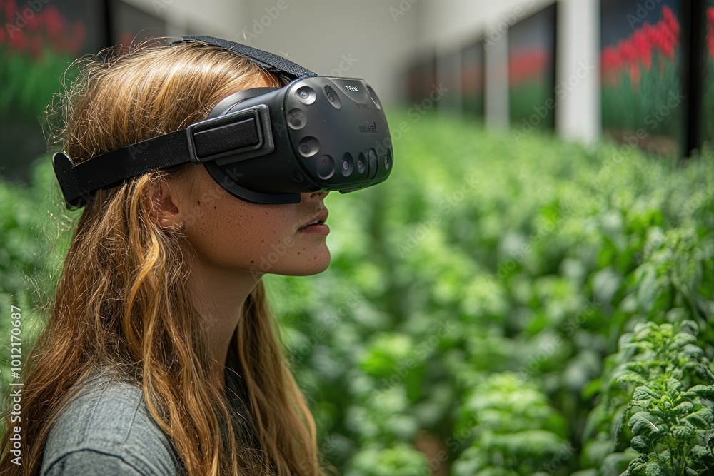 A young woman wearing a VR headset stands in a greenhouse filled with plants, exploring the virtual world. A young woman wearing a VR headset stands in a greenhouse filled with plants, exploring the virtual world.