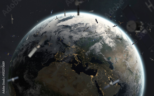 Obraz na płótnie 3D illustration of a swarm of satellites orbits the Earth. High quality digital space sci-fi art in 5K - realistic visualization w salonie
