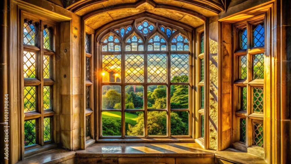 Obraz premium Elegant oriel window with decorative frame showcasing intricate architectural details and sunlight