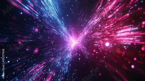 A bold composition of glowing data flow and explosion, lights, energetic backround, colorful