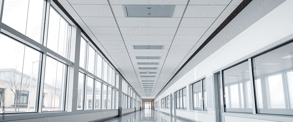background of a hospital corridor with panoramic windows and a white ceiling, interior of a modern medical center or clinic hall with empty space. Abstract background of an office. background of a hospital corridor with panoramic windows and a white ceiling, interior of a modern medical center or clinic hall with empty space. Abstract background of an office.