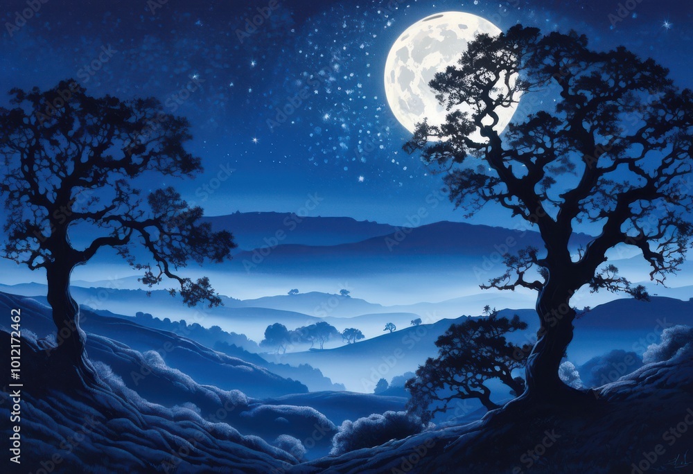 moonlit landscape featuring textured silhouettes soft glow tree contours rolling hills, moonlight, night, shadow, light, scenery, beauty, nature, sky moonlit landscape featuring textured silhouettes soft glow tree contours rolling hills, moonlight, night, shadow, light, scenery, beauty, nature, sky