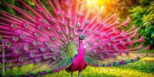 Elegant Pink Peacock Displaying Vibrant Feathers in a Lush Green Garden Setting Under Bright Sunlight photo