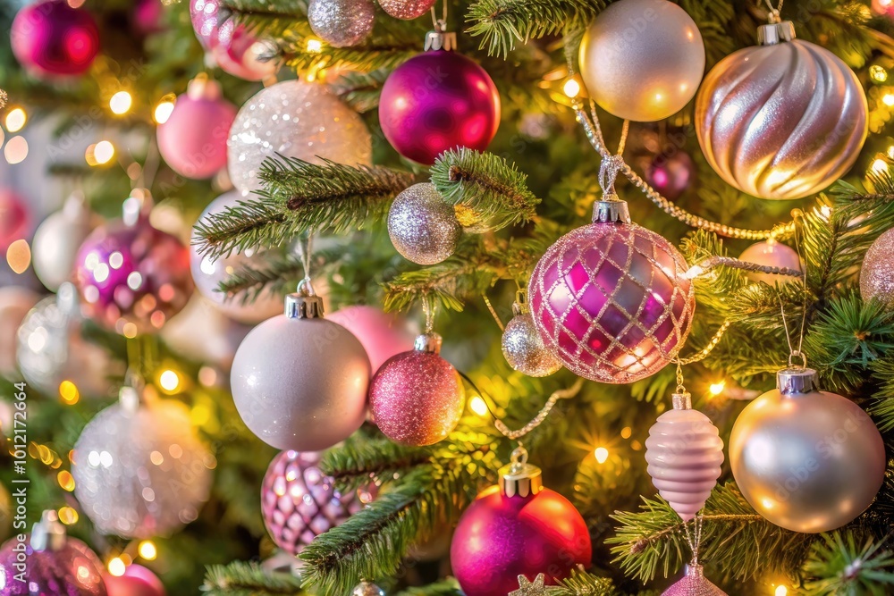 Elegant Pink White and Silver Christmas Tree Decorated with Ornaments and Fairy Lights for Holidays Elegant Pink White and Silver Christmas Tree Decorated with Ornaments and Fairy Lights for Holidays