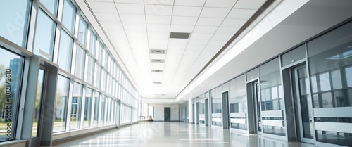 background of a hospital corridor with panoramic windows and a white ceiling, interior of a modern medical center or clinic hall with empty space. Abstract background of an office. 