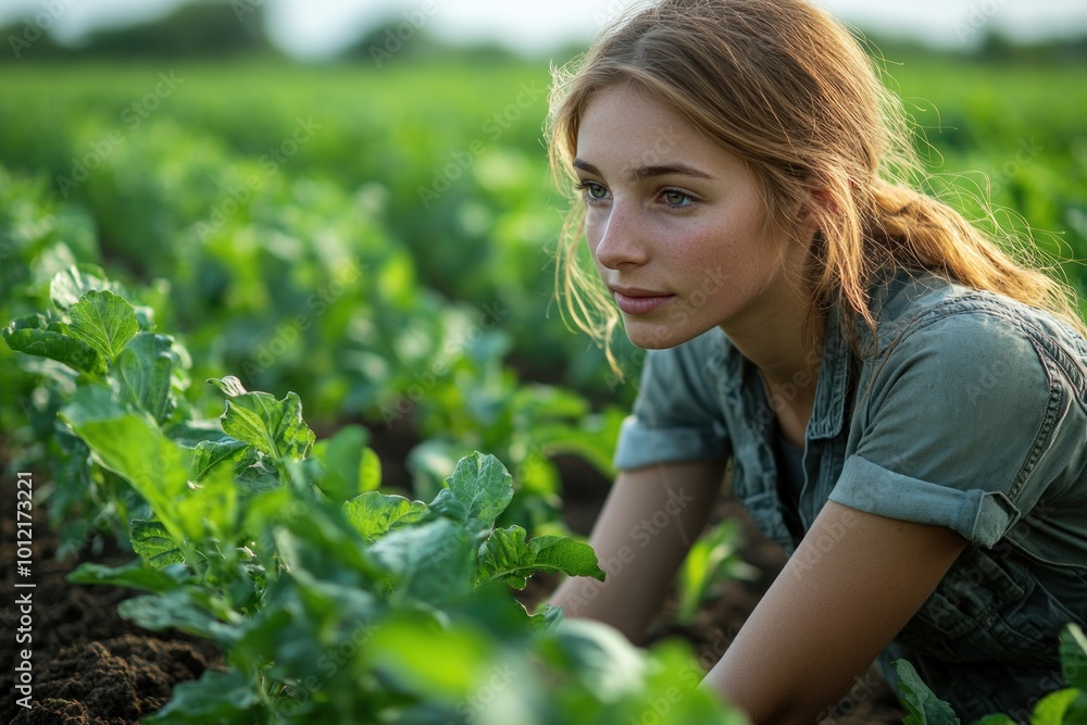 Young woman farmer working in a field, looking thoughtfully at the crops. Young woman farmer working in a field, looking thoughtfully at the crops.