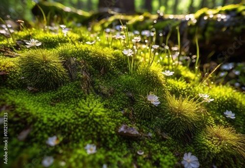 close lush green moss surrounded elements its natural highlighting rich textures intricate details, biodiversity, clusters, vegetation, greenery, foliage photo