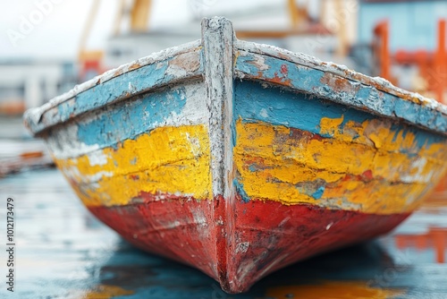 Close up of the bow of an old, wooden boat with peeling paint in various colors. photo