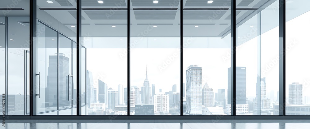 Modern glass office exterior with a cityscape view, white background, 3D rendering illustration of a business center interior design concept, close-up view of a window and modern architecture. Modern glass office exterior with a cityscape view, white background, 3D rendering illustration of a business center interior design concept, close-up view of a window and modern architecture.