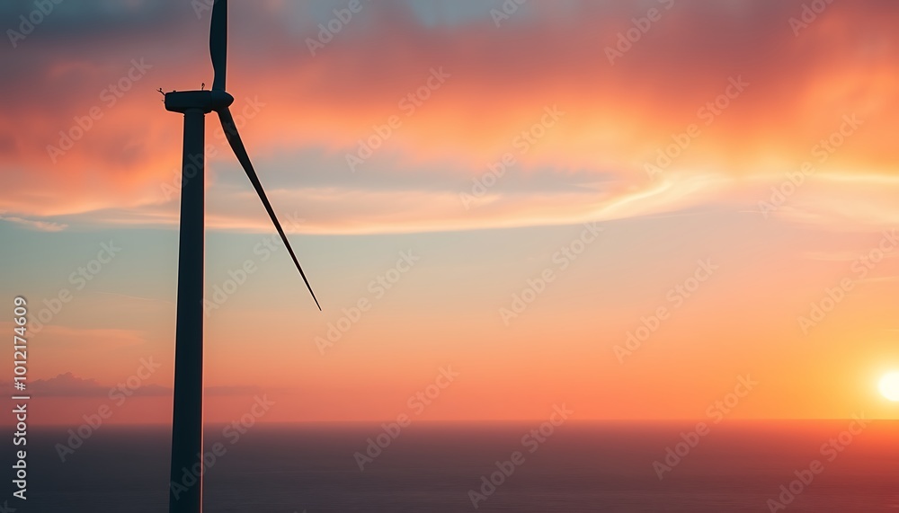 Obraz premium A towering wind turbine stands against a stunning coastal sunrise, its blades slowly rotating as the first light of day paints the sky in shades of orange, pink, and blue. 