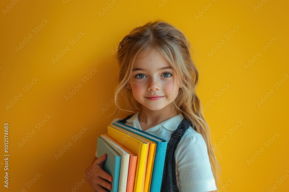 A little schoolgirl holds books on a yellow background. A little schoolgirl holds books on a yellow background.