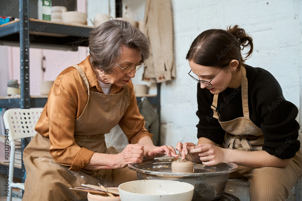 Elderly student and master communicate during training Elderly student and master communicate during training