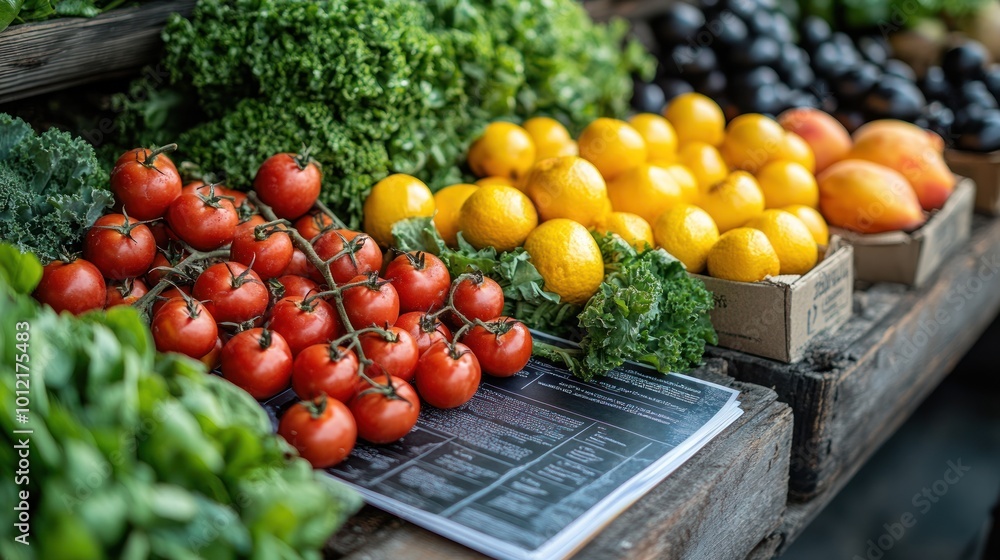 Fresh produce on display at a market stall, featuring tomatoes, lemons, peaches, kale, and lettuce. Fresh produce on display at a market stall, featuring tomatoes, lemons, peaches, kale, and lettuce.