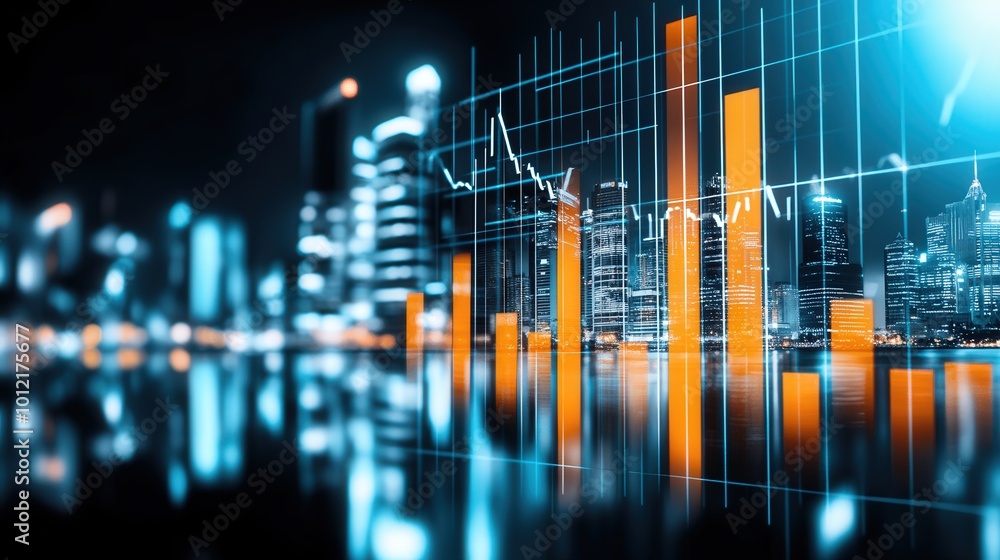 financial charts and bar graphs overlayed on a city skyline financial charts and bar graphs overlayed on a city skyline