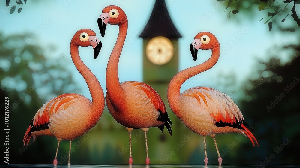 Obraz premium three flamingos in a pond, a castle, whimsical funny