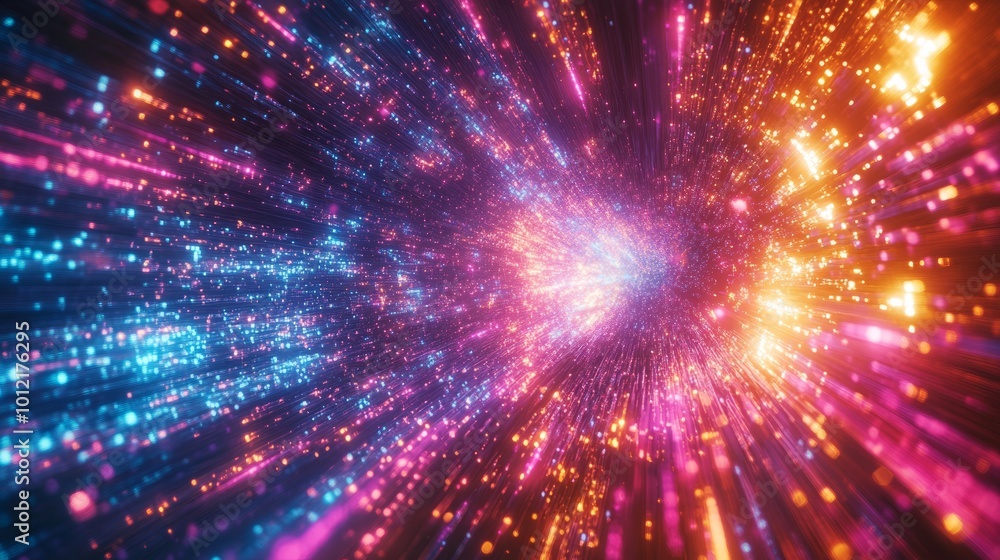 Naklejka premium A futuristic design illustrating rapid data movement with glowing rays and dynamic explosions, capturing the essence of space travel