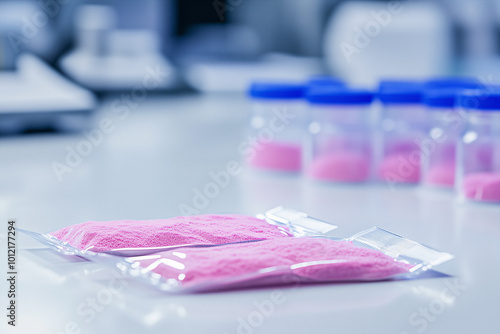 Pink cocaine - Plastic bags of pink powder in a scientific lab environment