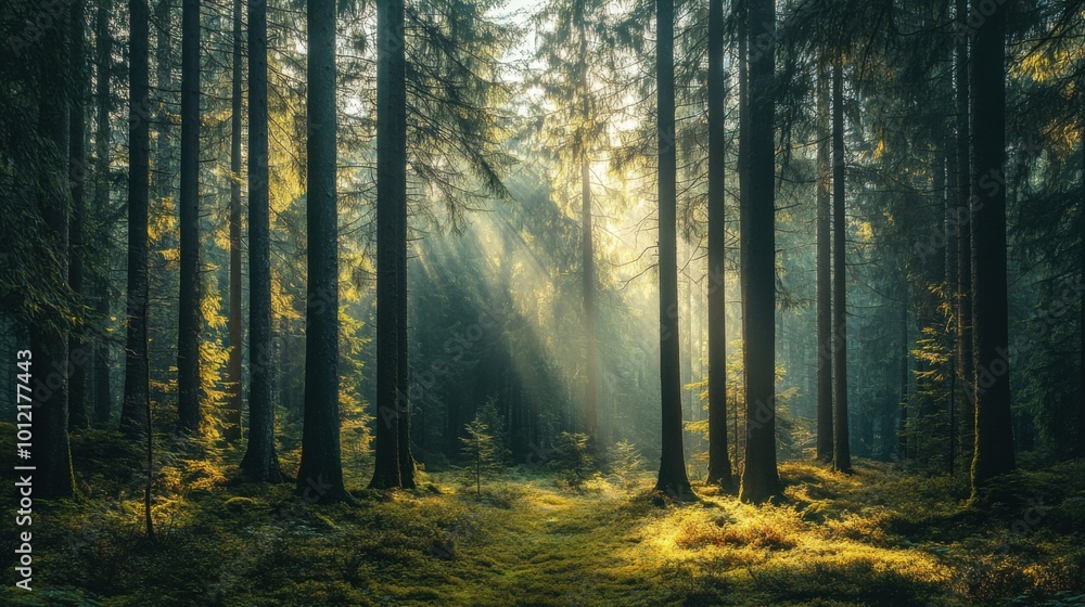 Fototapeta premium A dense pine forest with tall trees towering above, sunlight filtering through the branches and dappling the forest floor.