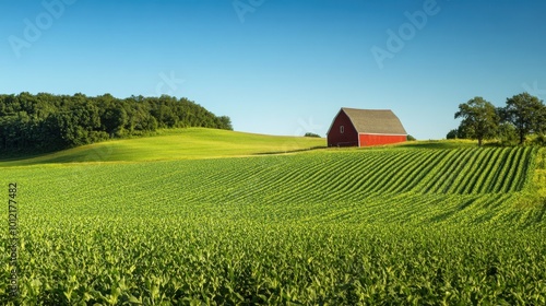 A peaceful farmland with rolling fields of green crops, a red barn in the distance under a clear blue summer sky. photo