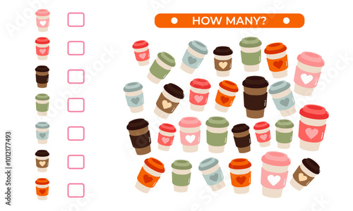 Trendy vector cartoon counting game for kids. How many objects task coffee cups. Learning mathematics, numbers, addition practice. Math kids activity sheet. Educational children illustration game