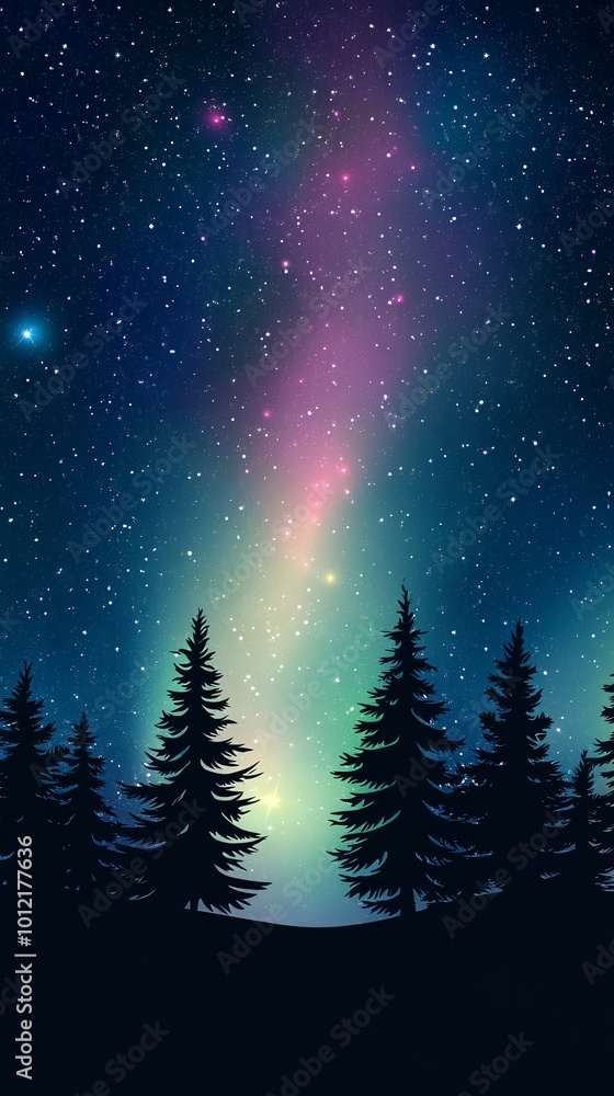 Fototapeta premium the northern lights and stars in silhouette against an aurora-filled sky, with silhouettes of pine trees covered with snow in the lower left corners. 